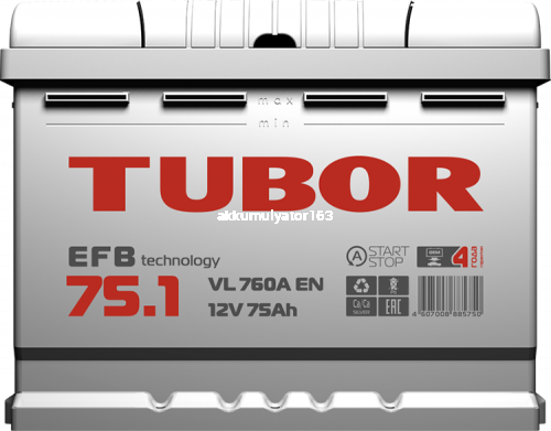 Аккумулятор TUBOR EFB 6ст-75.1 VL — купить в магазине akkumulyator163 с бесплатной доставкой и установкой по Самаре.